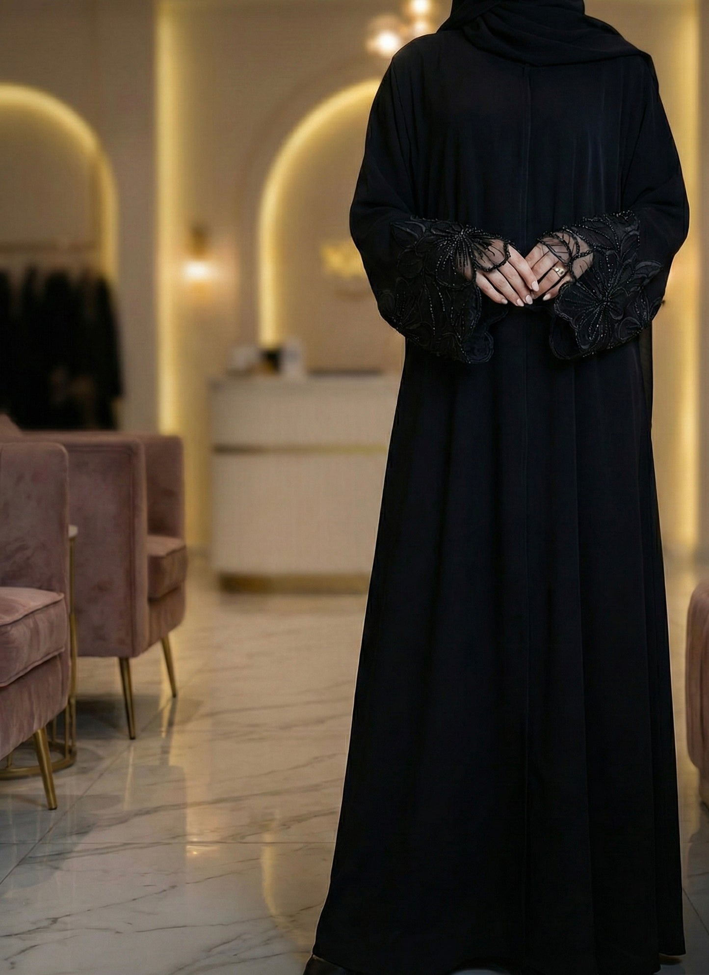 Midnight Bloom Lace Abaya